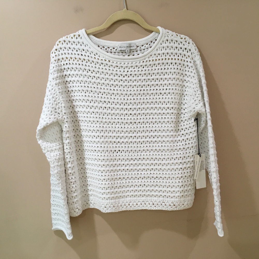 NWT White+warren White Cotton Stitch Sweater Pullover Minimalist Size M